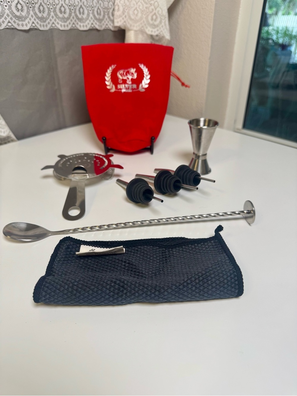 Silver Bar Tool Set with Red Storage Pouch - Cocktail Accessories